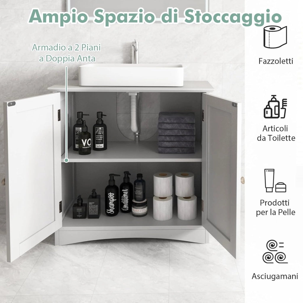Mobile Sottolavabo per Bagno, Armadietto a Terra con 2 Ante, Ripiano e Taglio a U 22 x 19cm, Organizzatore Moderno e Salvaspazio per Prodotti da Toeletta e Asciugamani, Bianco