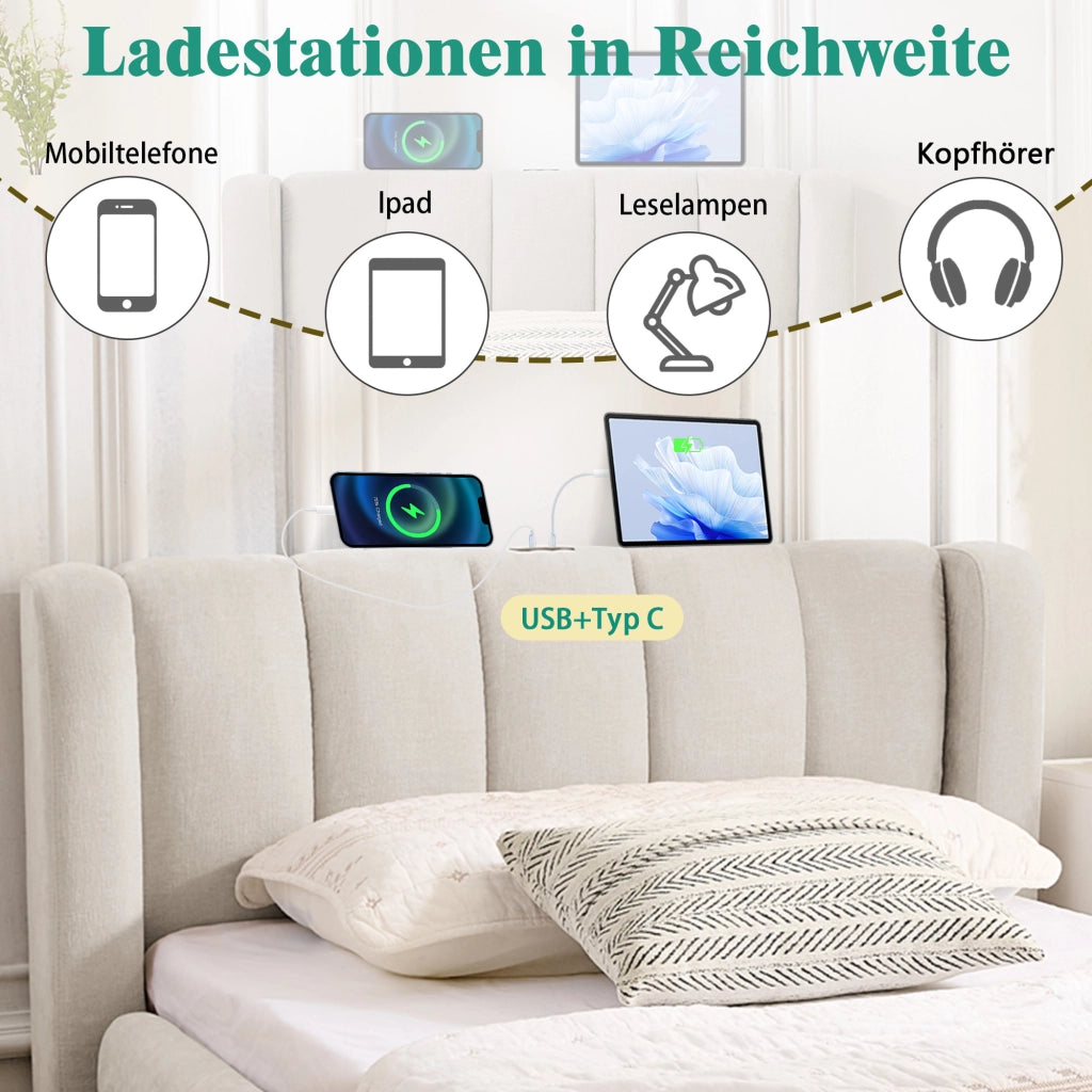 Letto singolo in Chenille beige 90x200 vani laterali USB ergonomico