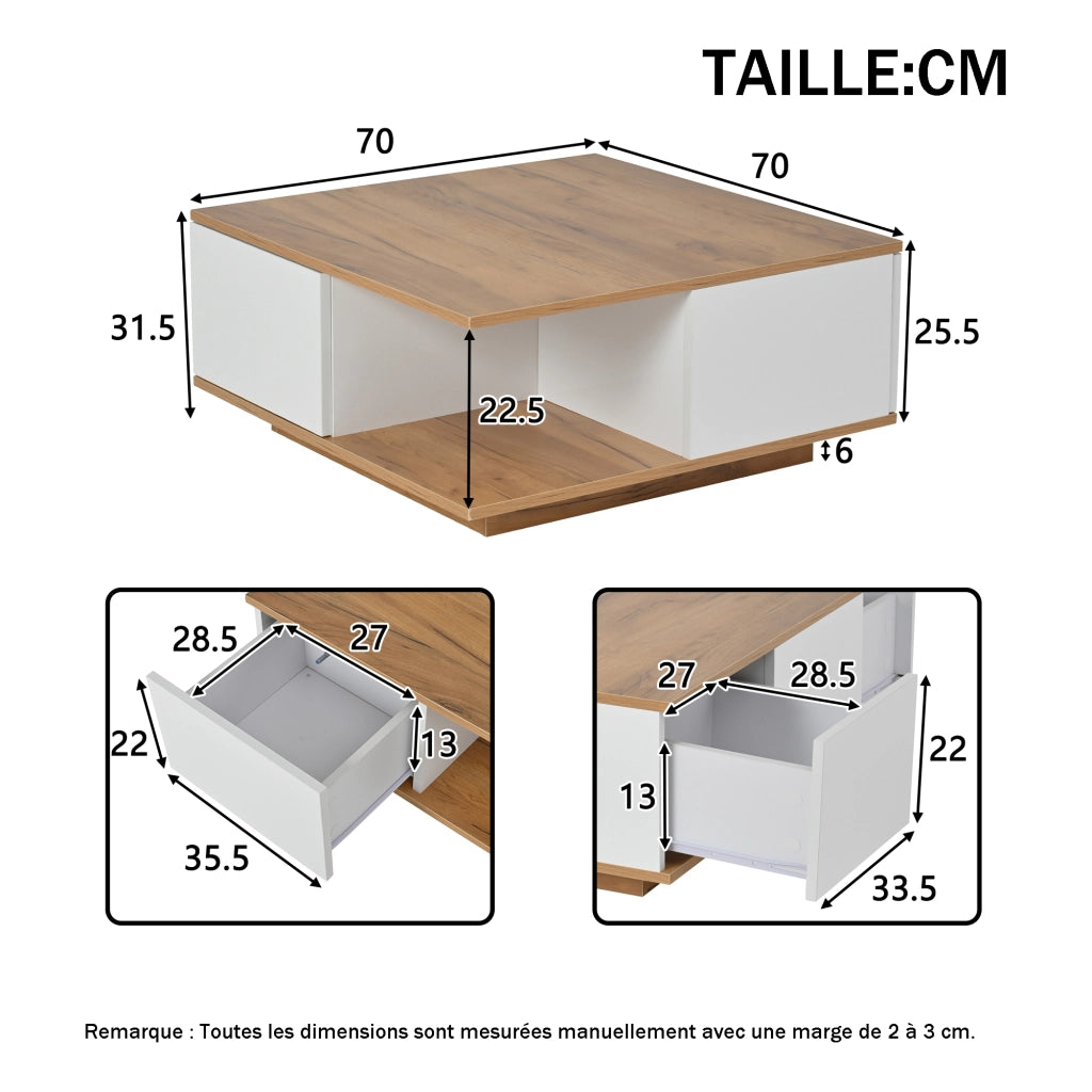 Tavolino da Caffè Quadrato con 3 Cassetti e Vano a Giorno; Finitura Lucida; in Truciolare; Bianco e Noce; 70×70×31;5 cm