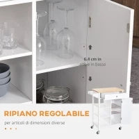 Carrello da Cucina Salvaspazio in MDF con Piano di Lavoro in Legno di Gomma, Cassetto, Armadietto, 3 Mensole, Ripiani Regolabili, Porta Strofinacci e Ruote Girevole, 66x39.5x86.5cm, Bianco