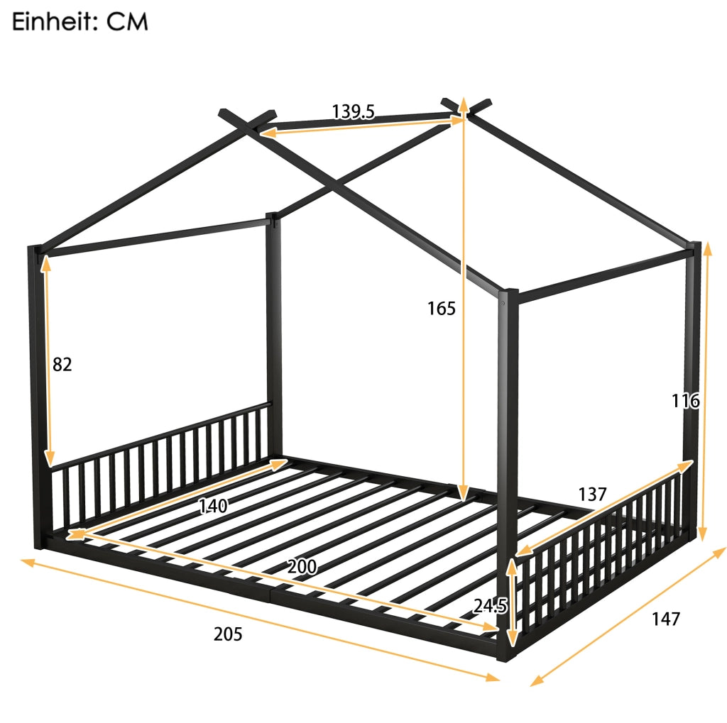 Letto bambino 140x200 cm a casetta; struttura robusta in metallo; nero
