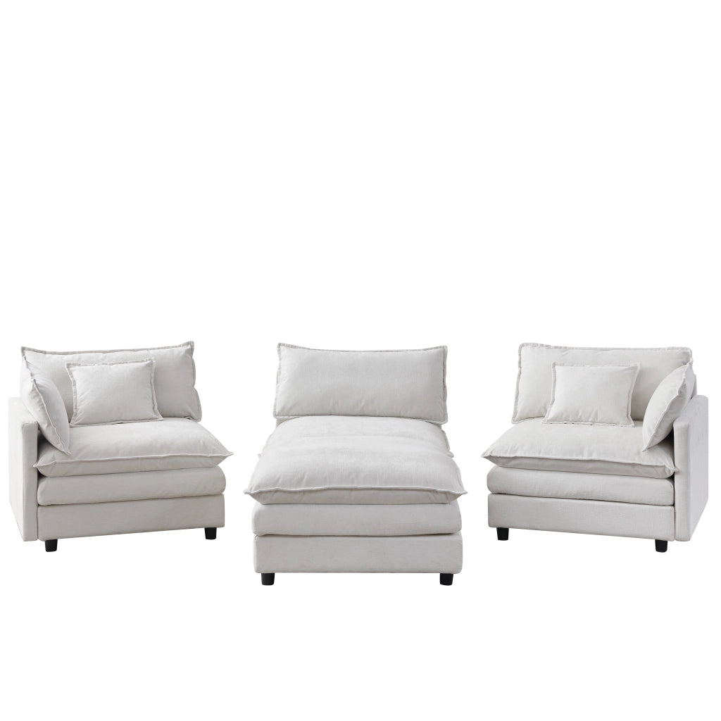 Divano angolare modulare 3 posti con pouf mobile e cuscini sfoderabili, in tessuto di ciniglia beige