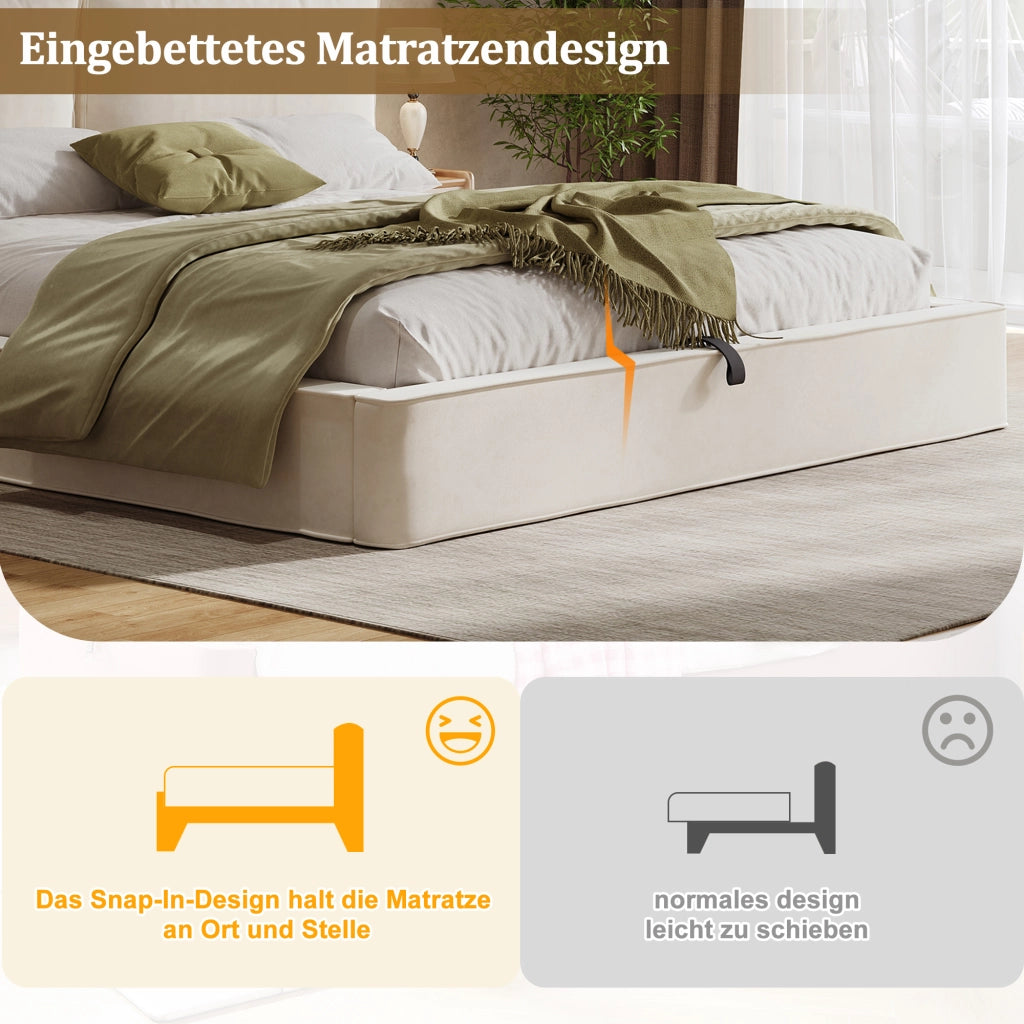 DESMIU Lit contenitore 180 × 200 cm 2 posti con vano idraulico e testiera, senza materasso, in velluto beige