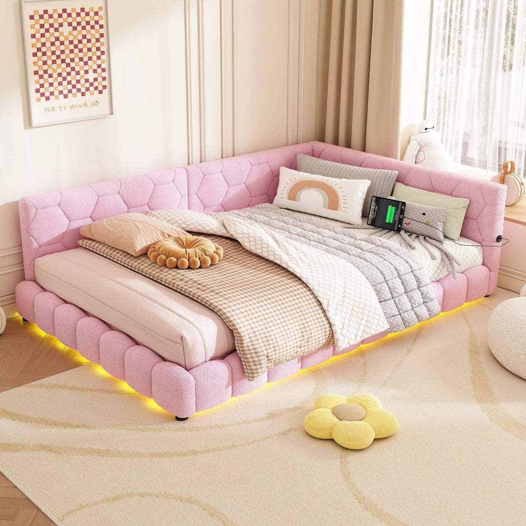 Letto matrimoniale 140×200 cm con LED; USB; Type-C e rete; senza materasso; velluto; rosa