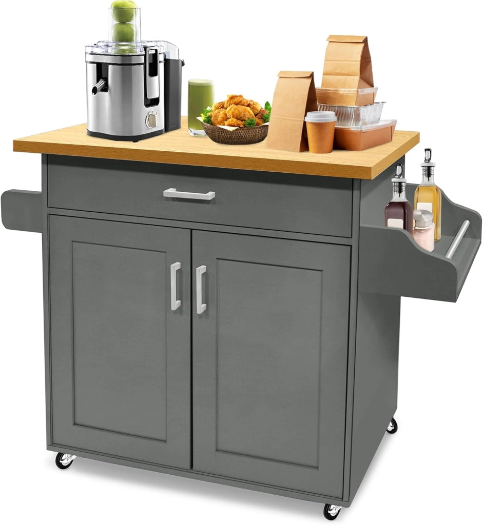 Carrello da cucina nero con ruote e piano di lavoro, carrello da cucina, isola in legno, con portasciugamani e portaspezie, mobile da cucina, carrello da cucina, 115 x 90 x 36 cm