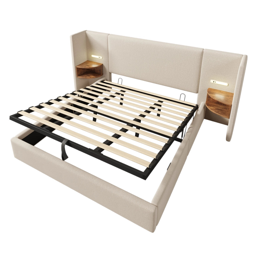 Letto matrimoniale 180x200 cm con testiera multifunzione; luce di lettura; USB e Type-C; beige