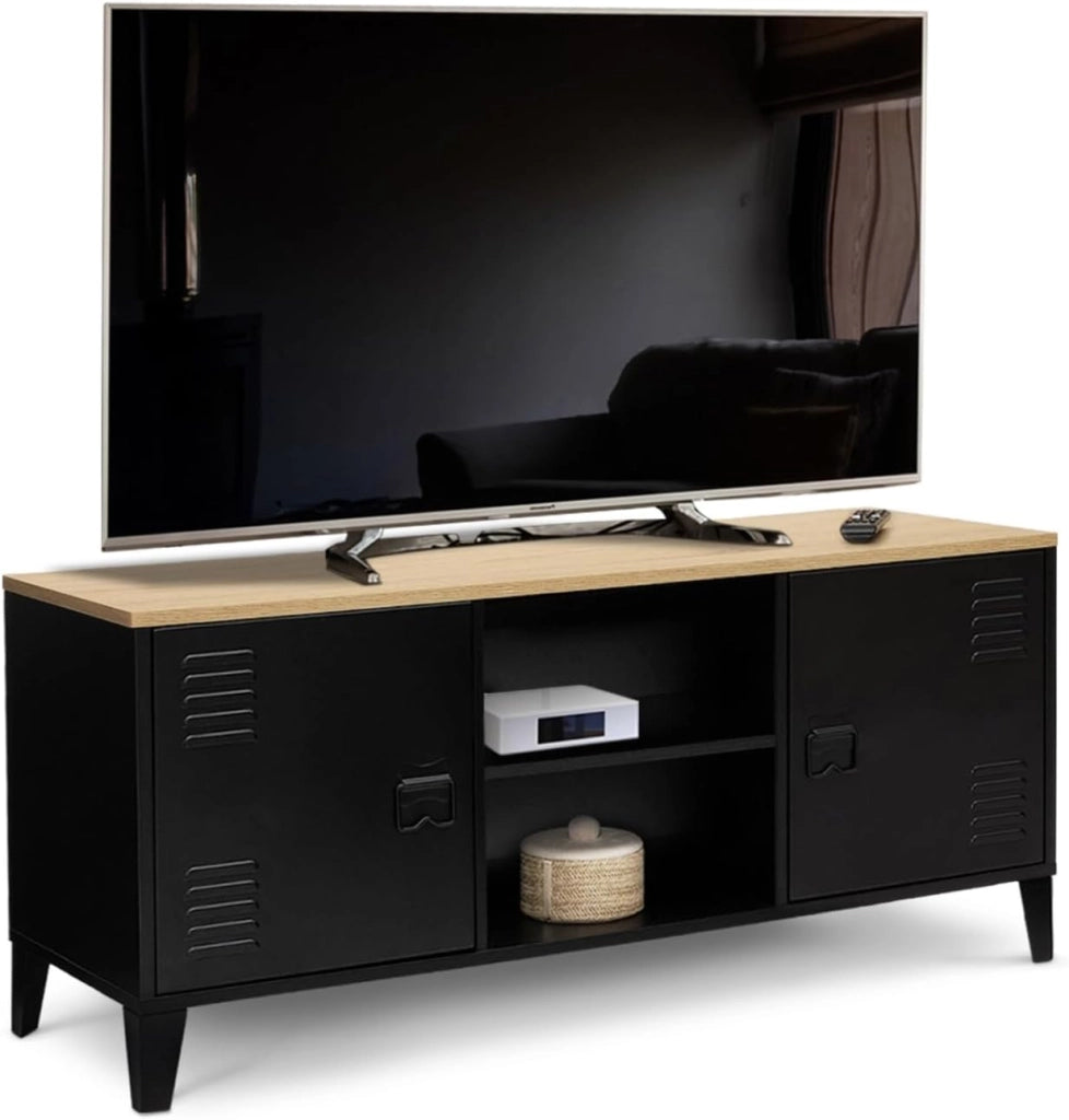 Mobile TV ESTER 113 cm con 2 ante in metallo nero e piano in legno industriale