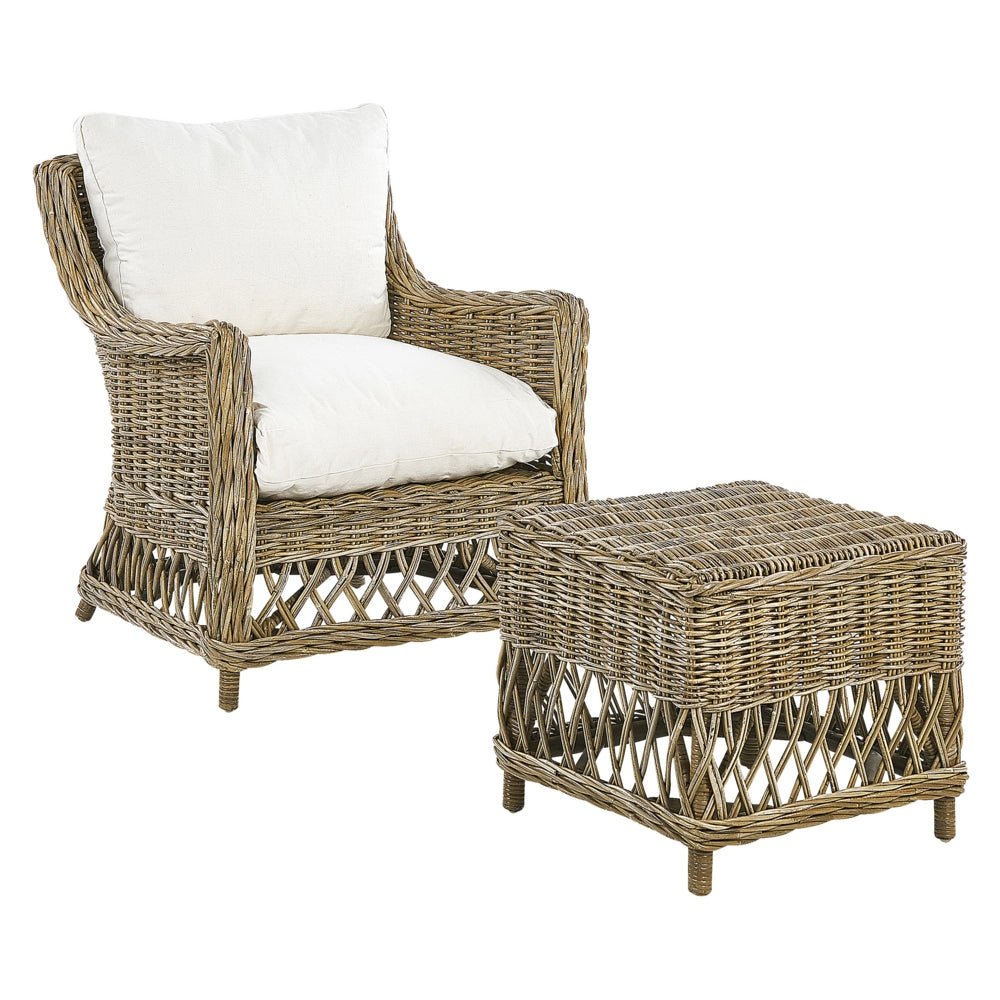 Poltrona da giardino in rattan naturale con poggiapiedi in cotone cuscini per lo schienale del sedile bianco sporco per interni ed esterni