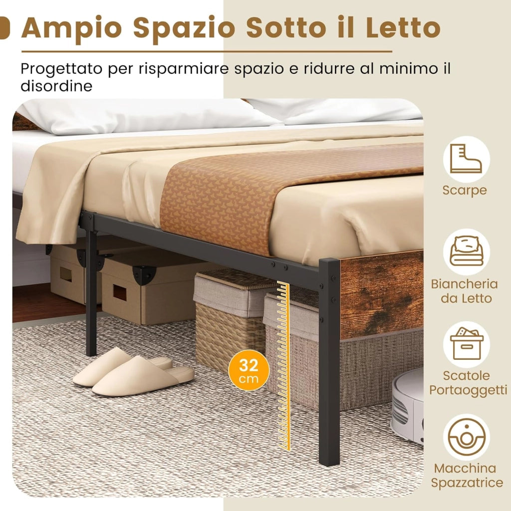 Struttura Letto in Metallo Matrimoniale 200x140 cm, Letto a Piattaforma Industriale con Testiera e Pediera in Legno, Silenzioso, Carico Massimo 360 kg