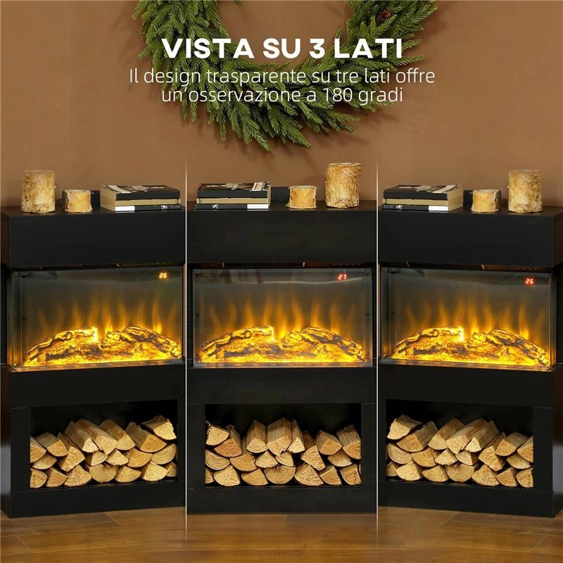 CAMINO ELETTRICO CON EFFETTO FIAMMA 3D COLORATA, 1000W/2000W CON TEMPERATURA REGOLABILE E TELECOMANDO, NERO