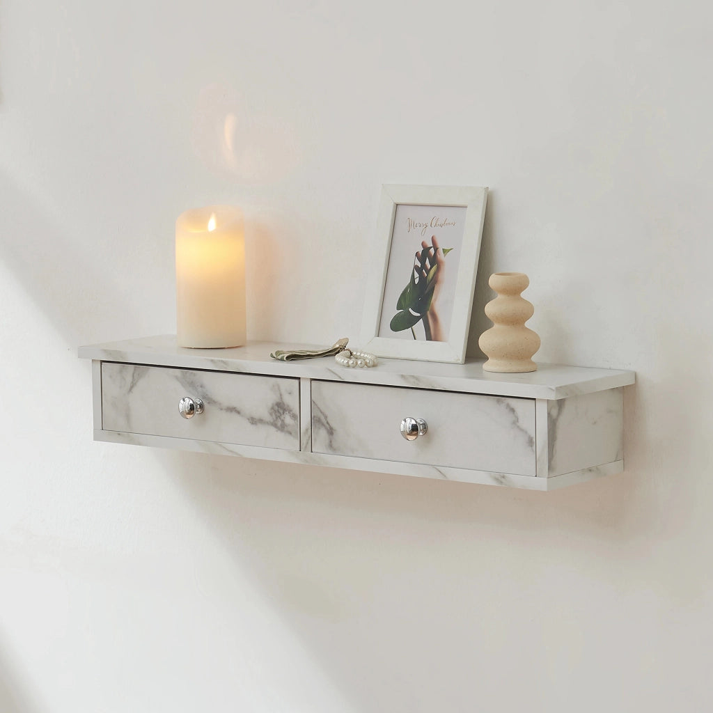 Mensola da Parete Geeste Comodino Sospeso con 2 Cassetti 60 x 15 x 10 cm - Effetto Marmo Bianco [en.casa]