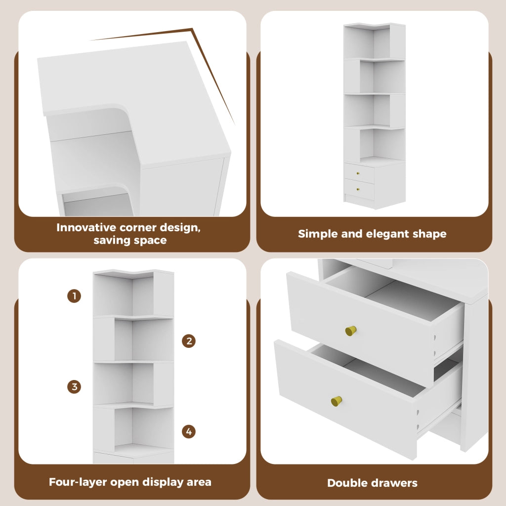 Libreria angolare con LED da app 4 ripiani aperti e 2 cassetti in MDF per studio soggiorno bianca 45 × 43,5 × 180 cm