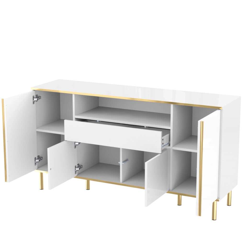 Credenza 150x40x80 cm con LED; 4 ante e 1 cassetto; MDF e pannello truciolare bianco lucido
