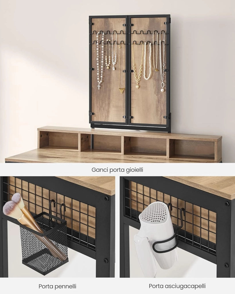 VASAGLE Toeletta con sgabello imbottito, tavolo da toeletta con triplo specchio, 3 cassetti, porta asciugacapelli cosmetico stile industriale, marrone rovere/nero RVT004B50
