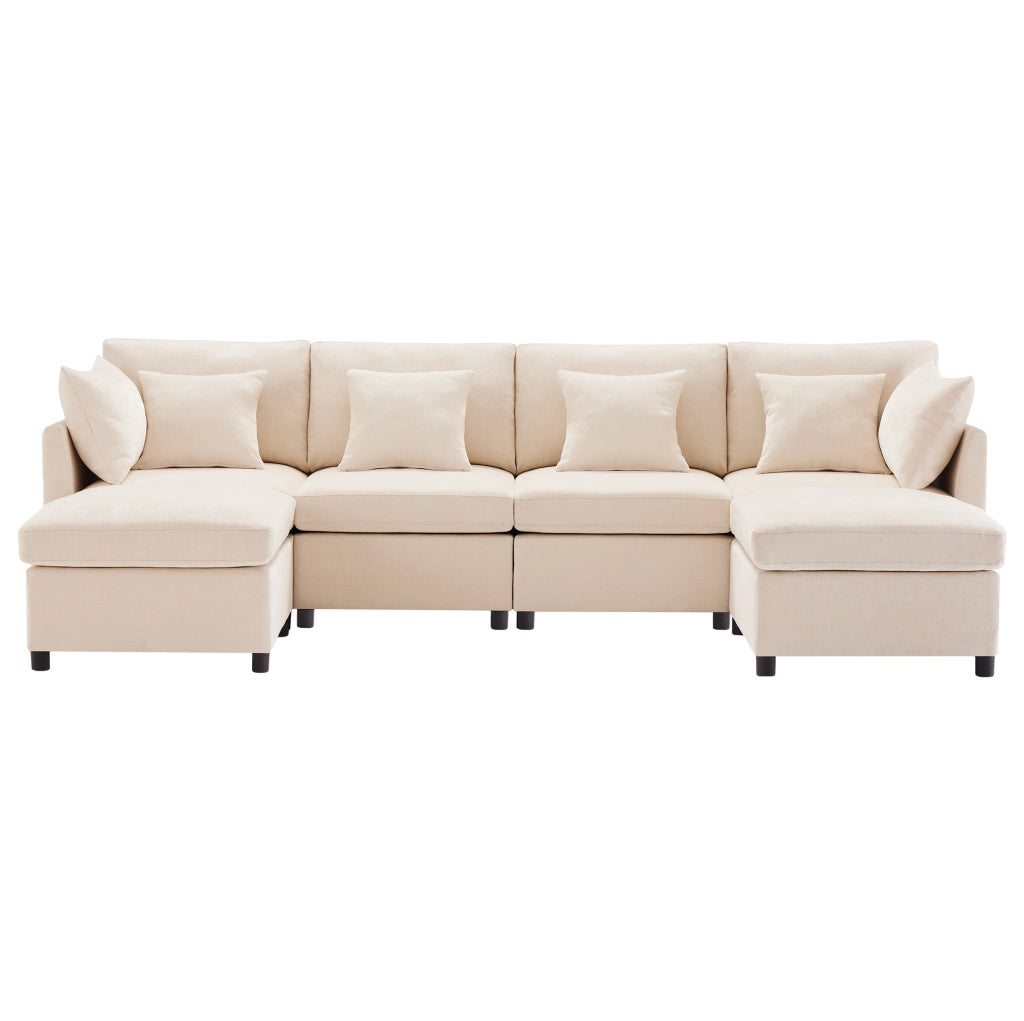 Divano modulare 4-6 posti in ciniglia beige con 2 pouf
