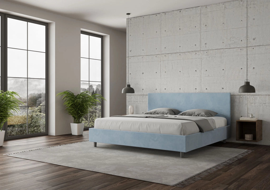 BS COM Letto con rete imbottito 180x200 microfibra azzurro