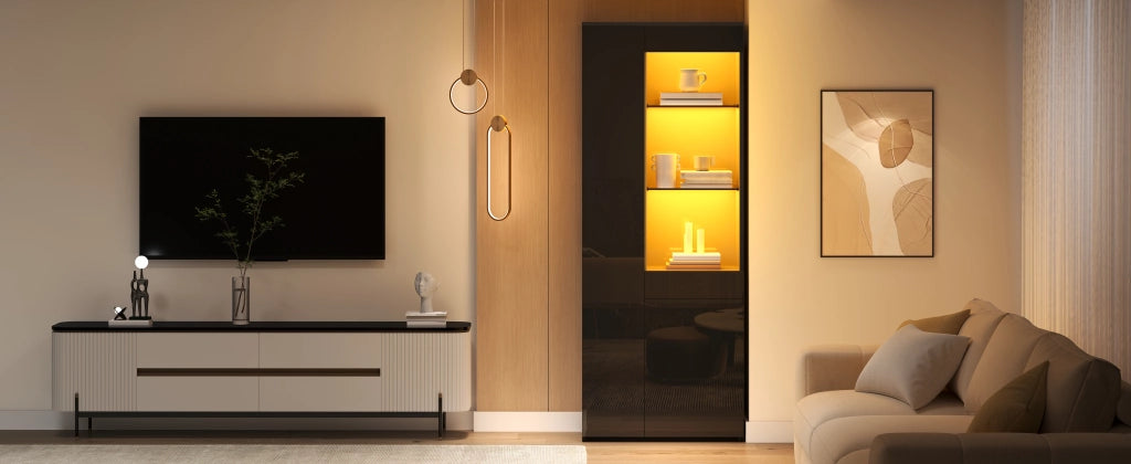 Vetrina con 1 cassetto 2 ante e vani aperti LED controllati da app per soggiorno in truciolare nero 70 × 35 × 180 cm