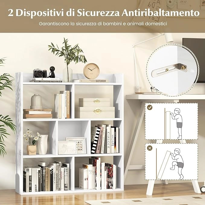 Libreria a Cubi con 7 Scomparti, Mensola Espositiva per l'Archiviazione, Libreria in Legno con Dispositivi Anti-Ribaltamento, per Studio Soggiorno, 80x20x90 cm (Bianco)