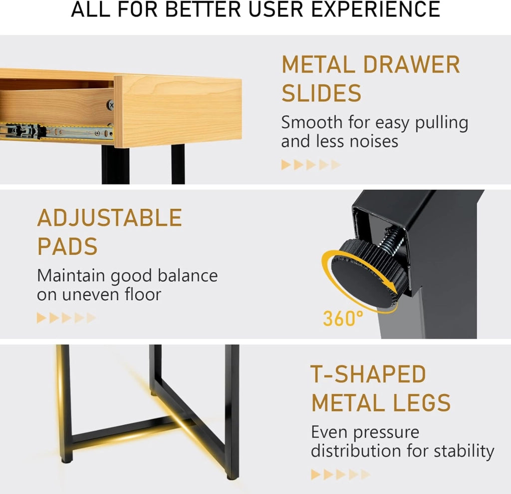Scrivania con Cassetto, 120 × 55 cm, Scrivania per Computer con Telaio in Metallo Rinforzato e Poggiapiedi Regolabili, Moderno Tavolo da Ufficio per Camera da Letto, Studio e Ufficio