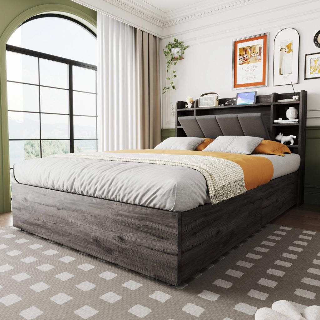 Letto 140x200 cm con contenitore idraulico; USB e vani in MDF grigio