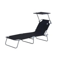 Lettino Prendisole da Giardino Pieghevole e Regolabile con Tettuccio in Tessuto Nero, 187x58x50 cm