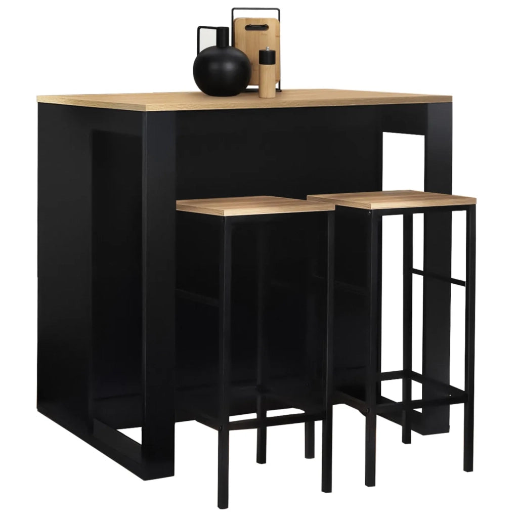 IDMarket - Set di tavoli da bar a isola in legno nero JUNO con piano in faggio e 2 sgabelli da bar DETROIT