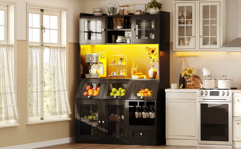 Credenza alta da cucina con LED, porta in vetro e ripiani regolabili, USB, in MDF nero, 120 × 40 × 181.7 cm