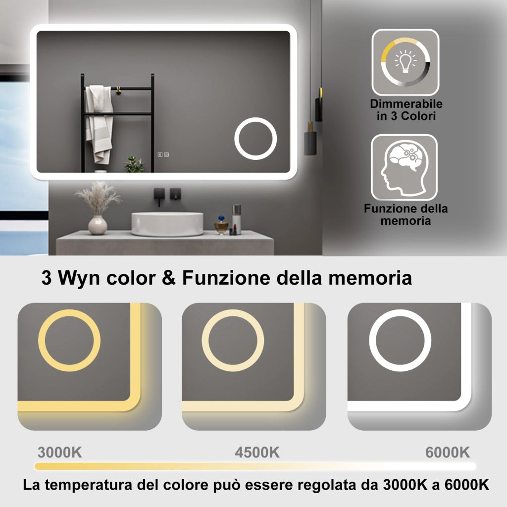 AICA Specchio da bagno  120 x 70 cm, dimmerabile, Blue tooth, Funzione Memoria, antiappannamento, 3 colori, Magnificatore