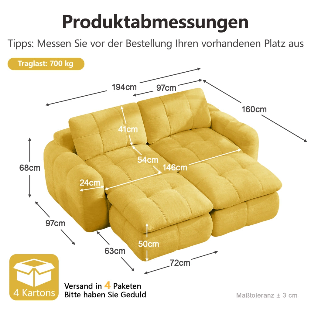 Divano modulare a 2 posti senza telaio con seduta ampia e profonda in chenille gialla per soggiorno 194 × 160 × 68 cm