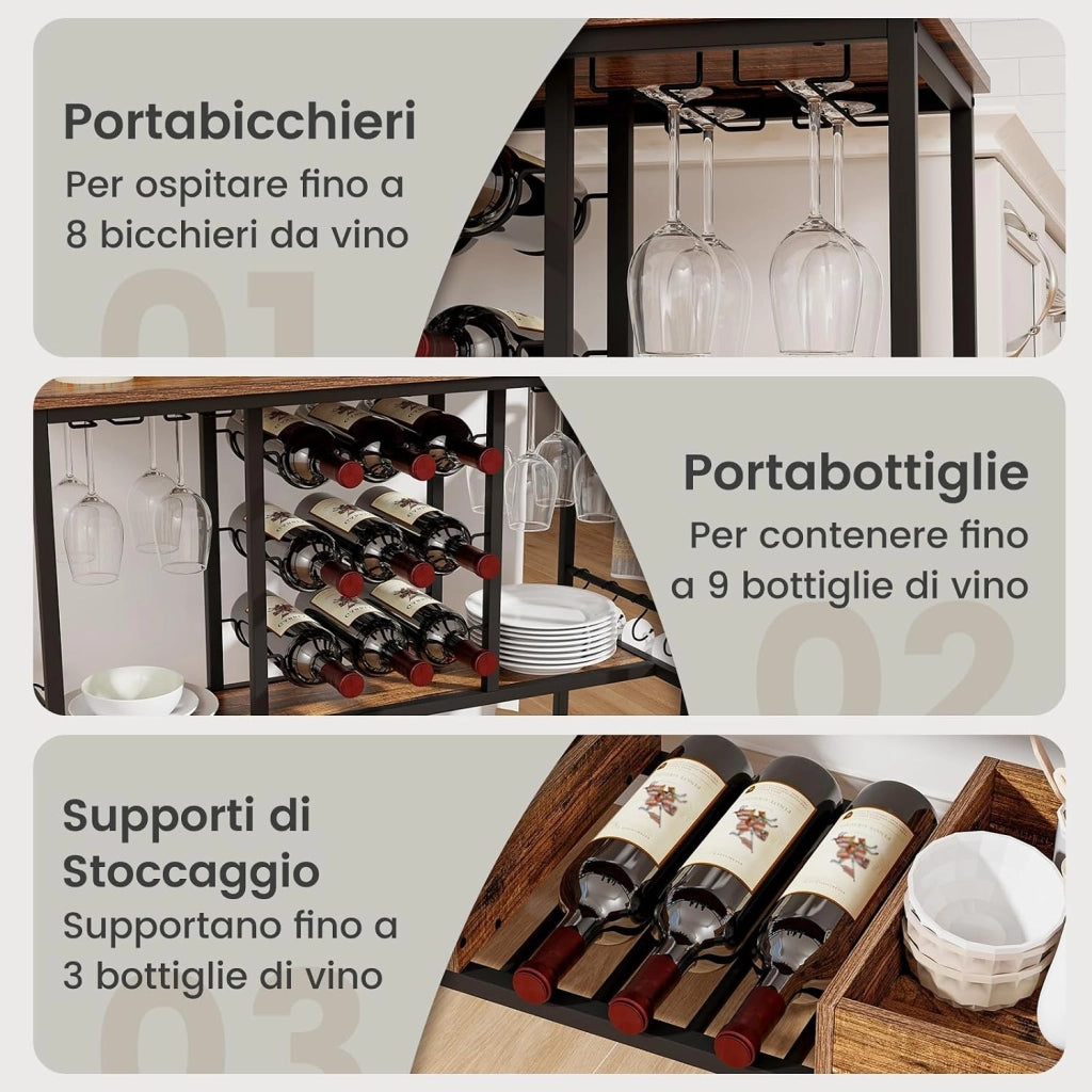 Carrello Bar a 3 Livelli, Carrello Portabevande con Portabicchieri, Portabottiglie, 8 Ganci e 2 Scatole Portaoggetti, Carrello di Vino per Cucina, Sala da Pranzo e Soggiorno