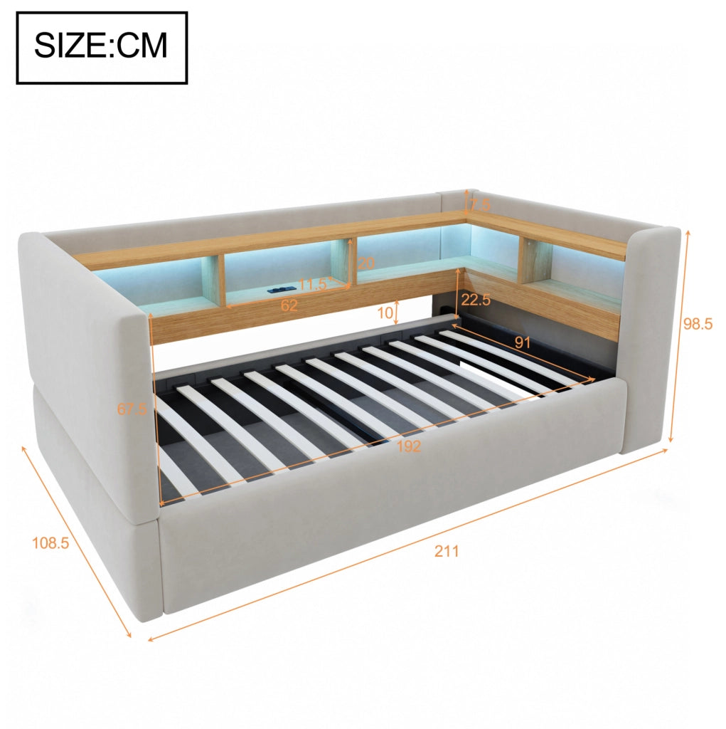 Divano letto 90x190 cm con contenitore idraulico, LED e prese in flanella grigio chiaro