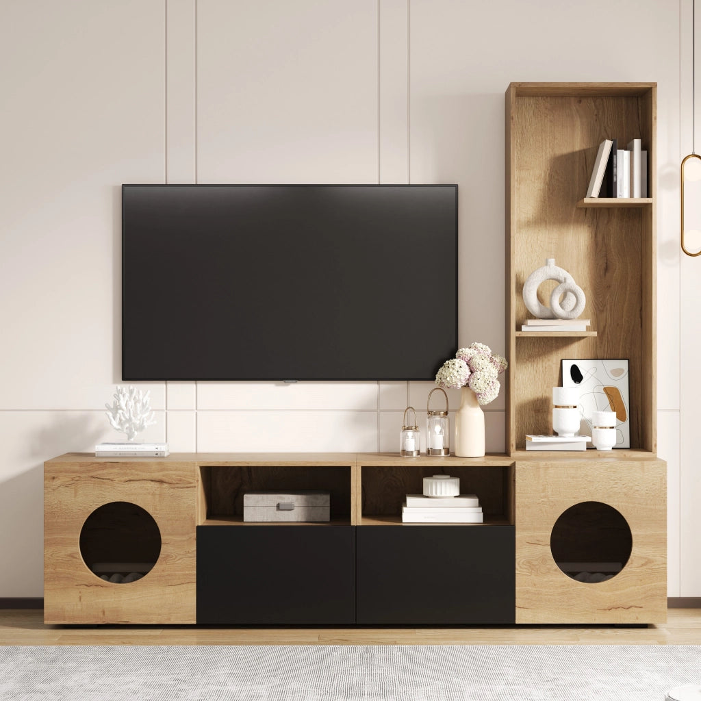 Mobile TV 185x40x162 cm con spazio per gatti e scaffale nero e naturale