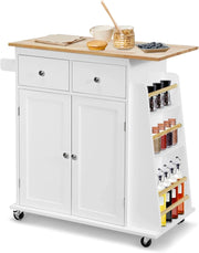 Credenza, Carrello di Servizio con Ruote Regolabile con Portaspezie a 3 Livelli, Armadio in Cucina con 2 Cassetti e 2 Porte, 2 Colori, 88x45x89,5cm