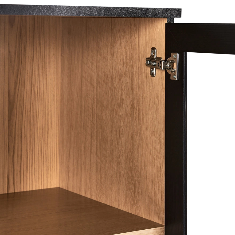 Mobile decorativo 80 cm nero con legno chiaro in legno ingegnerizzato con display in vetro Classico scandinavo a ripiani alti Sala da pranzo Soggiorno