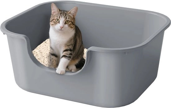 Cassetta di cibo per gatti con pareti alte e gradino basso, cassetta di cibo per gatti e piatto per gatti impermeabile (grigio)