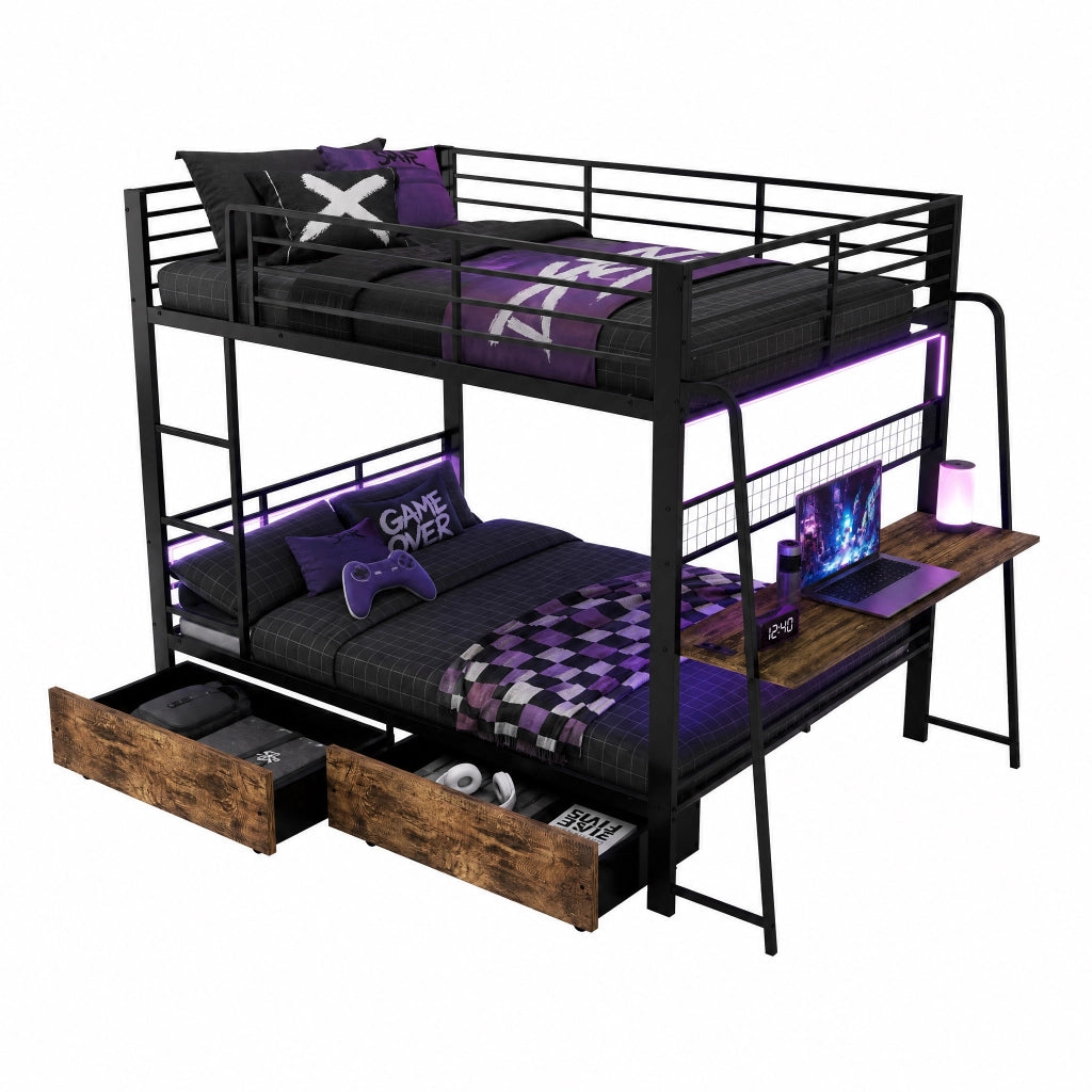 Letto a soppalco 140 × 200 cm con scrivania, 2 cassetti, LED RGB, presa USB e Type-C, senza materasso, nero