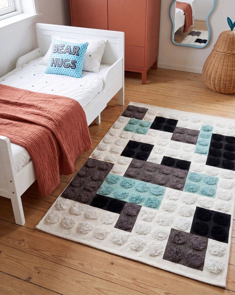 Tappeto per bambini in cotone bianco e multicolore, 90 x 130 cm, tuftato, di forma rettangolare