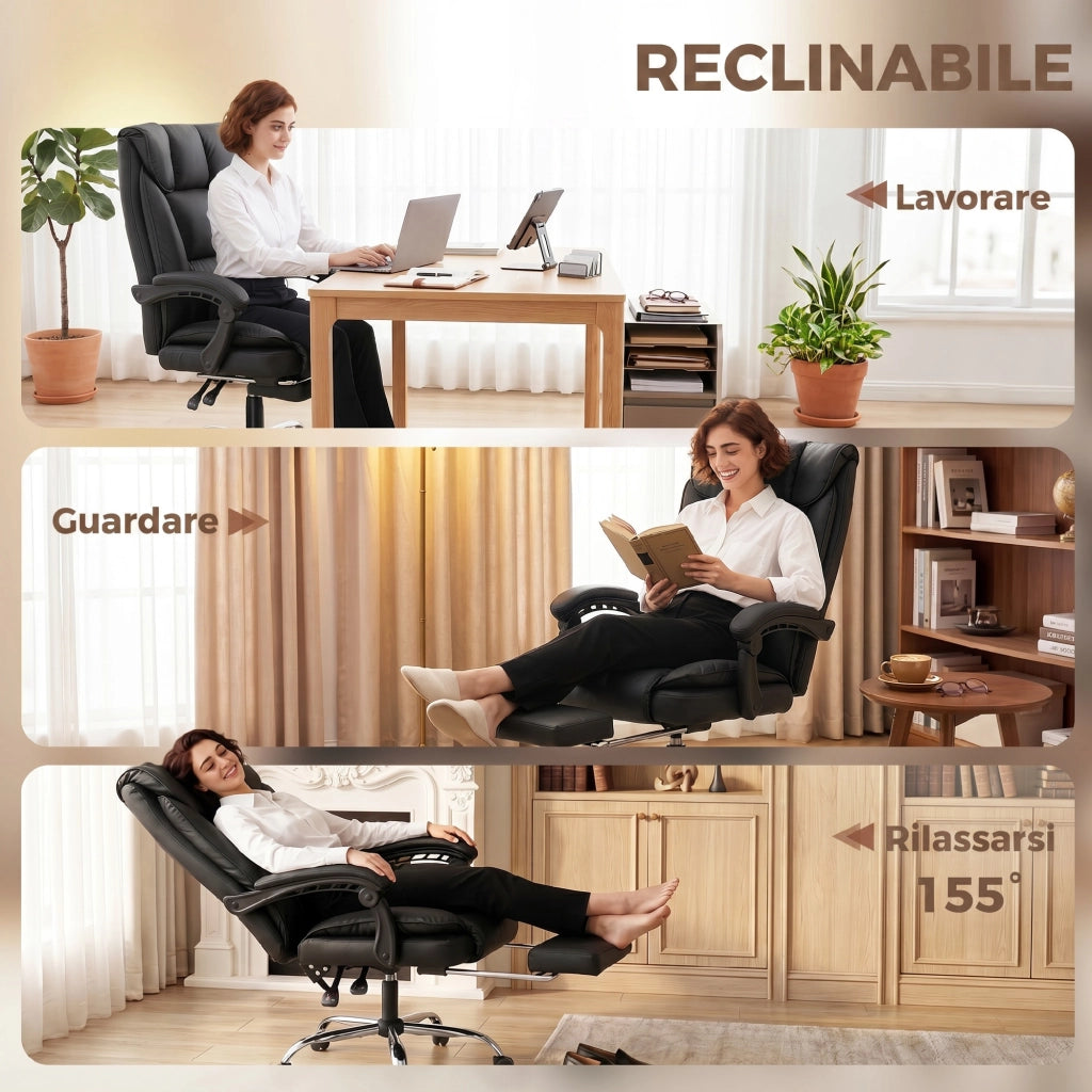 Sedia da Ufficio Reclinabile con Poggiapiedi ¨C zephmum ¨C Imbottita, Similpelle, Nero