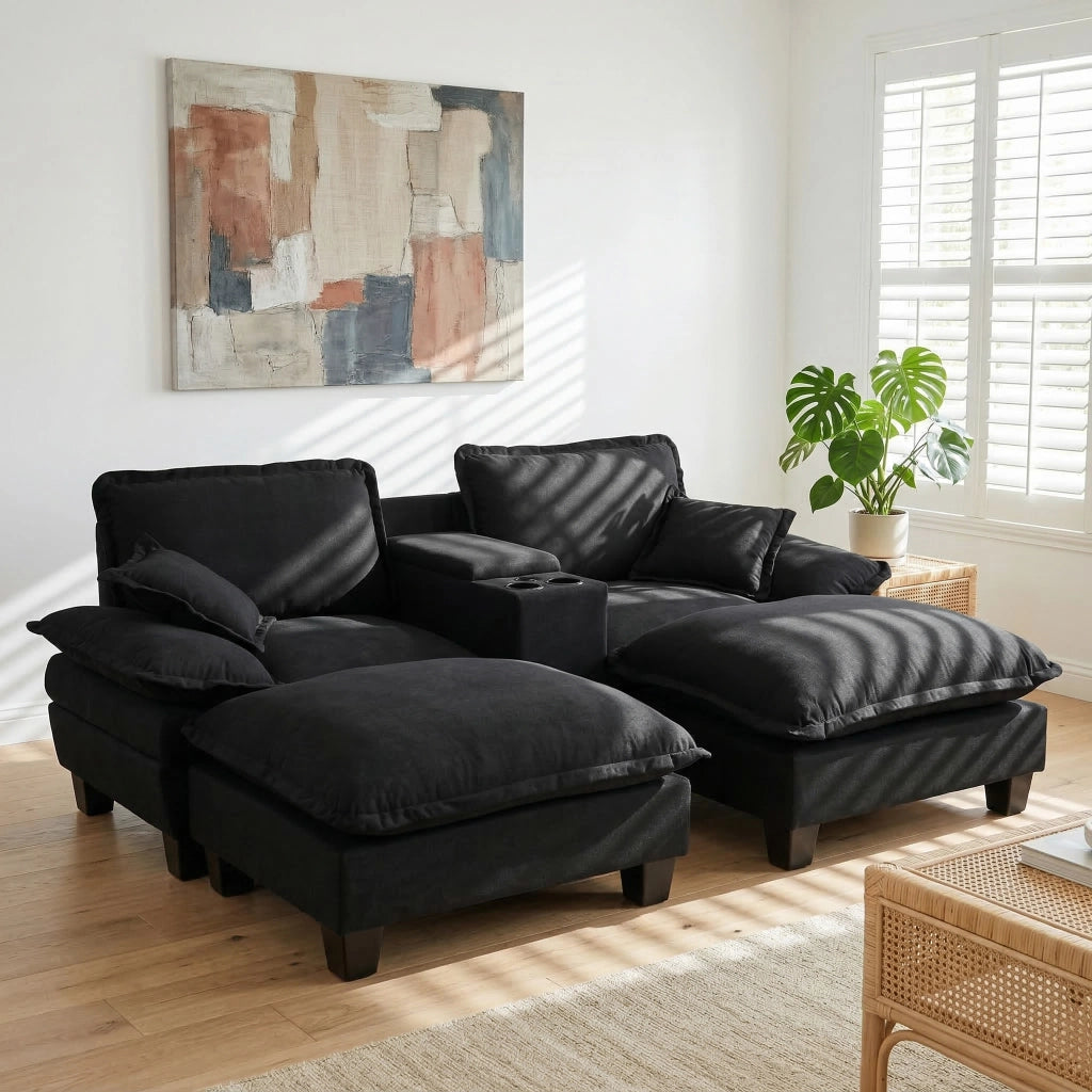 Divano modulare con portabicchieri, vano contenitore e USB, 2 pouf e 2 cuscini in ciniglia Nero