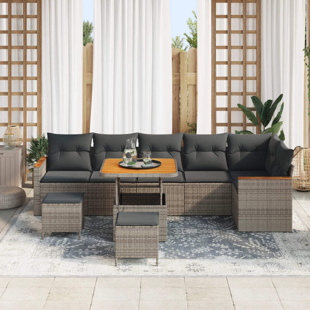 Set Divano da Giardino 9 Pezzi con Cuscini Grigio Rattan Polimerico Acacia