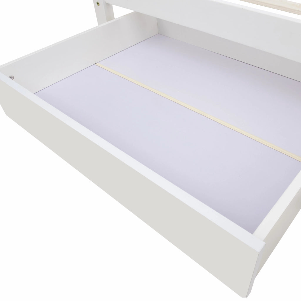 Letto singolo con testiera libreria e contenitore; 90x200 cm; pino massello e MDF; bianco