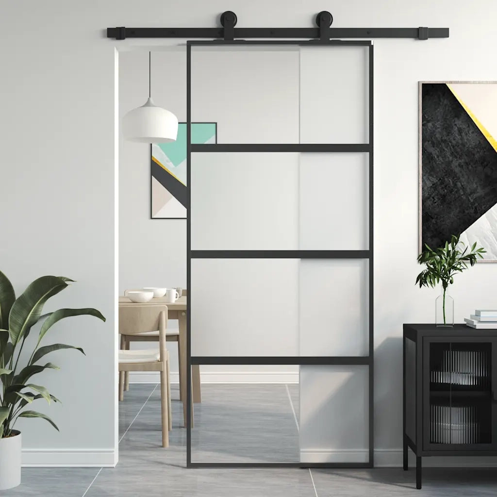 Porta Scorrevole Nera 90x205 cm in Vetro Temperato e Alluminio 155220