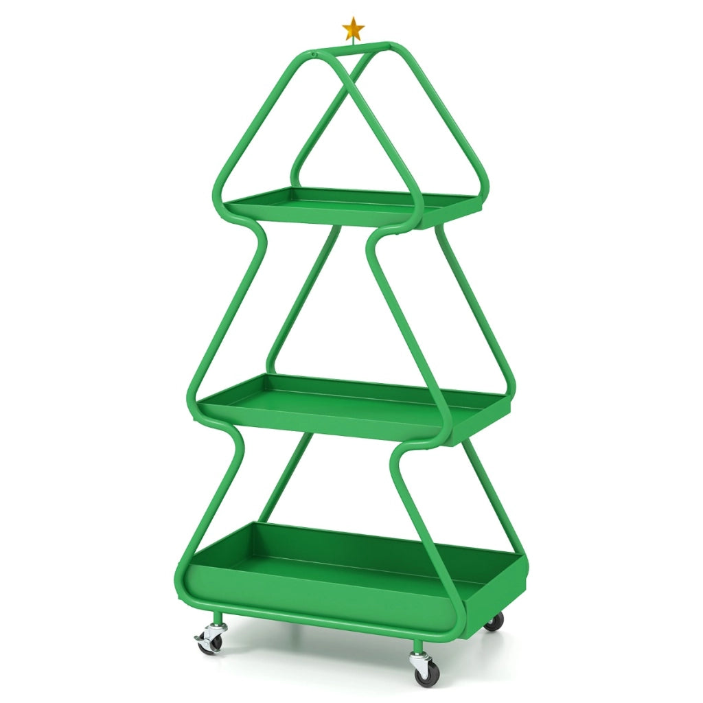 Carrello natalizio girevole a 3 livelli con stella in alto, Carrello struttura metallica con ruote-Decorazioni natalizie