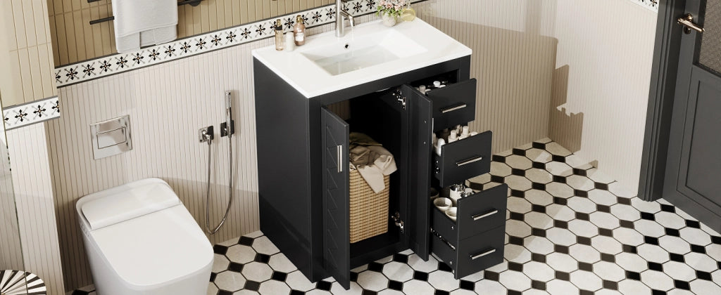 Mobile sottolavabo con lavabo in ceramica 2 ante e 3 cassetti per bagno in MDF e ceramica nero 76 × 46,5 × 85,5 cm