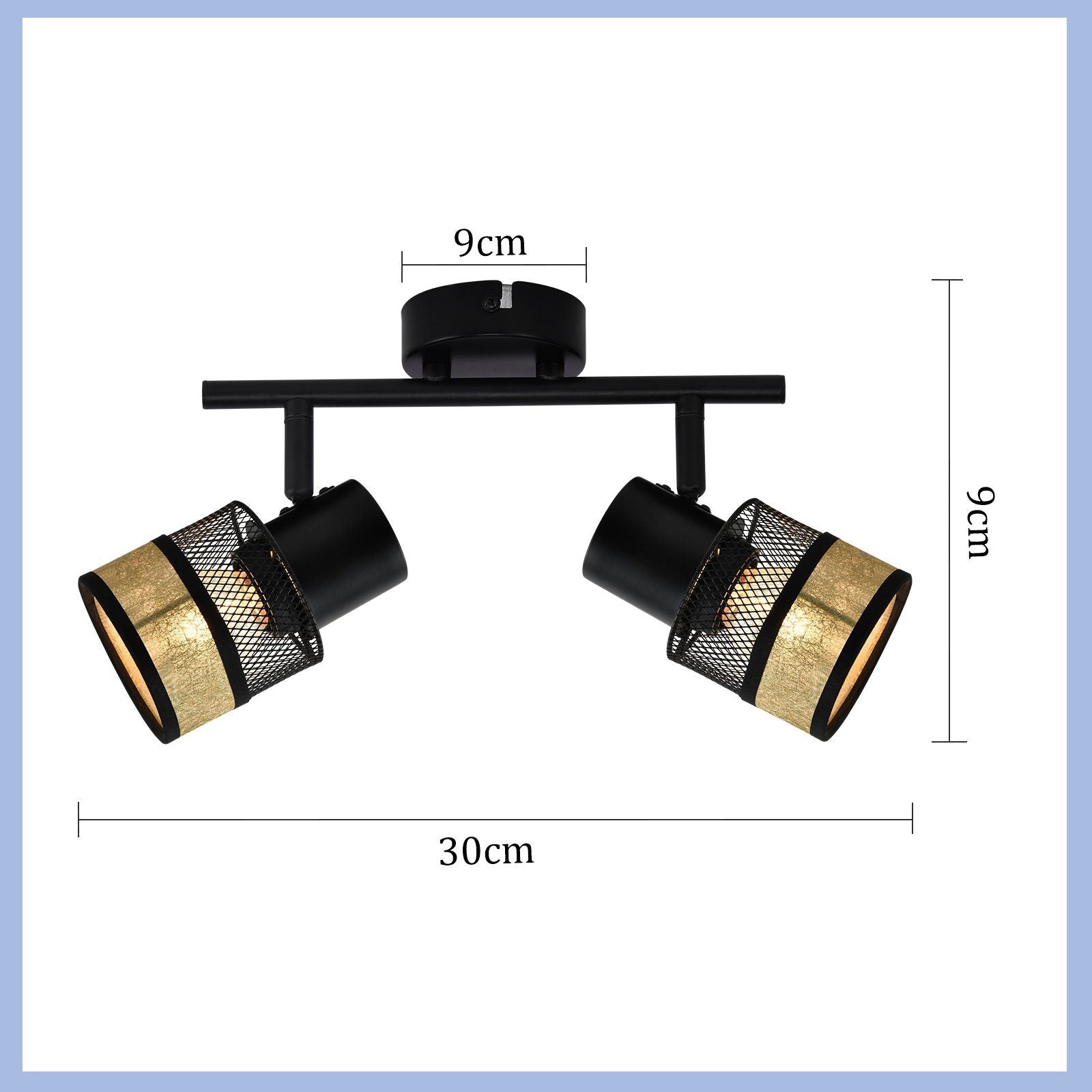 ZMH Faretto da soffitto neri 2 luci E27 metallo retrò 330° paralume tessuto dorato max 25W per corridoio