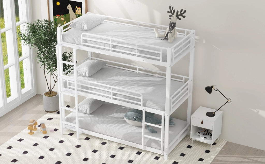 DESMIU Letto a castello 90 × 200 cm 3 posti con scala e sponde, senza materasso, in metallo, bianco
