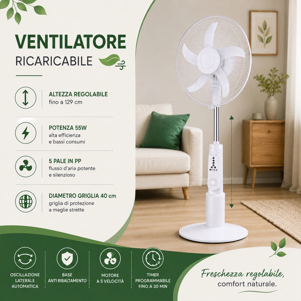 Ventilatore da Terra 105cm Ricaricabile Diametro 40cm potenza 55W e Telecomando