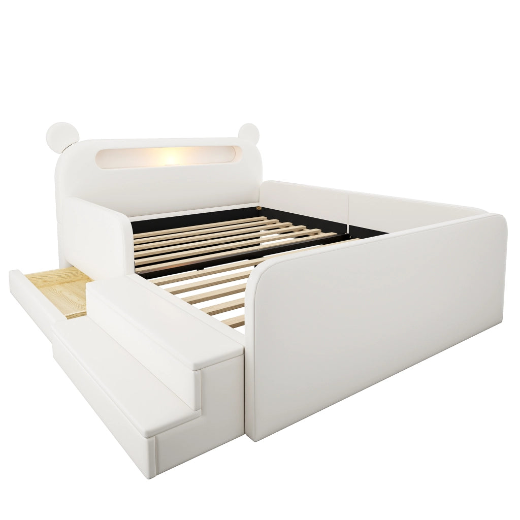 Letto imbottito per bambini con testiera a orso e USB, 140x200 cm, bianco