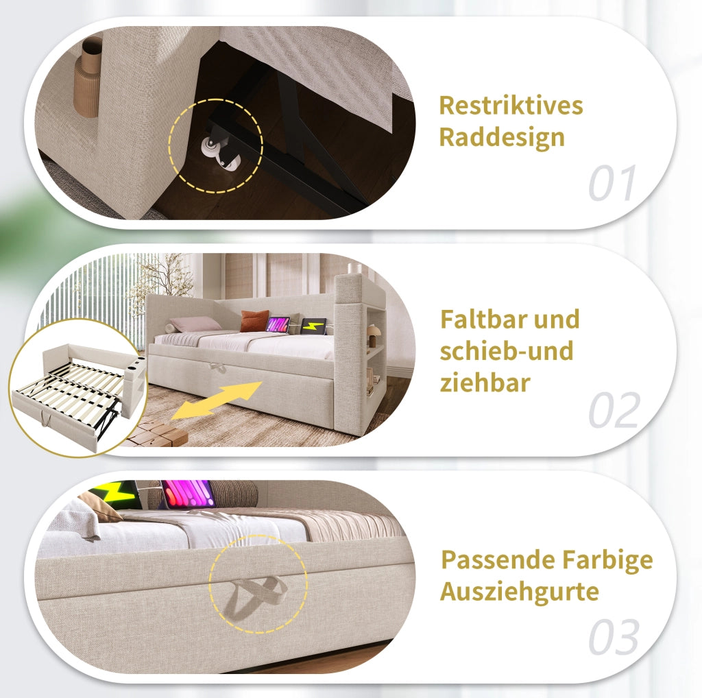 Divano letto estraibile beige 90 x 190 cm con ricarica e portabevande