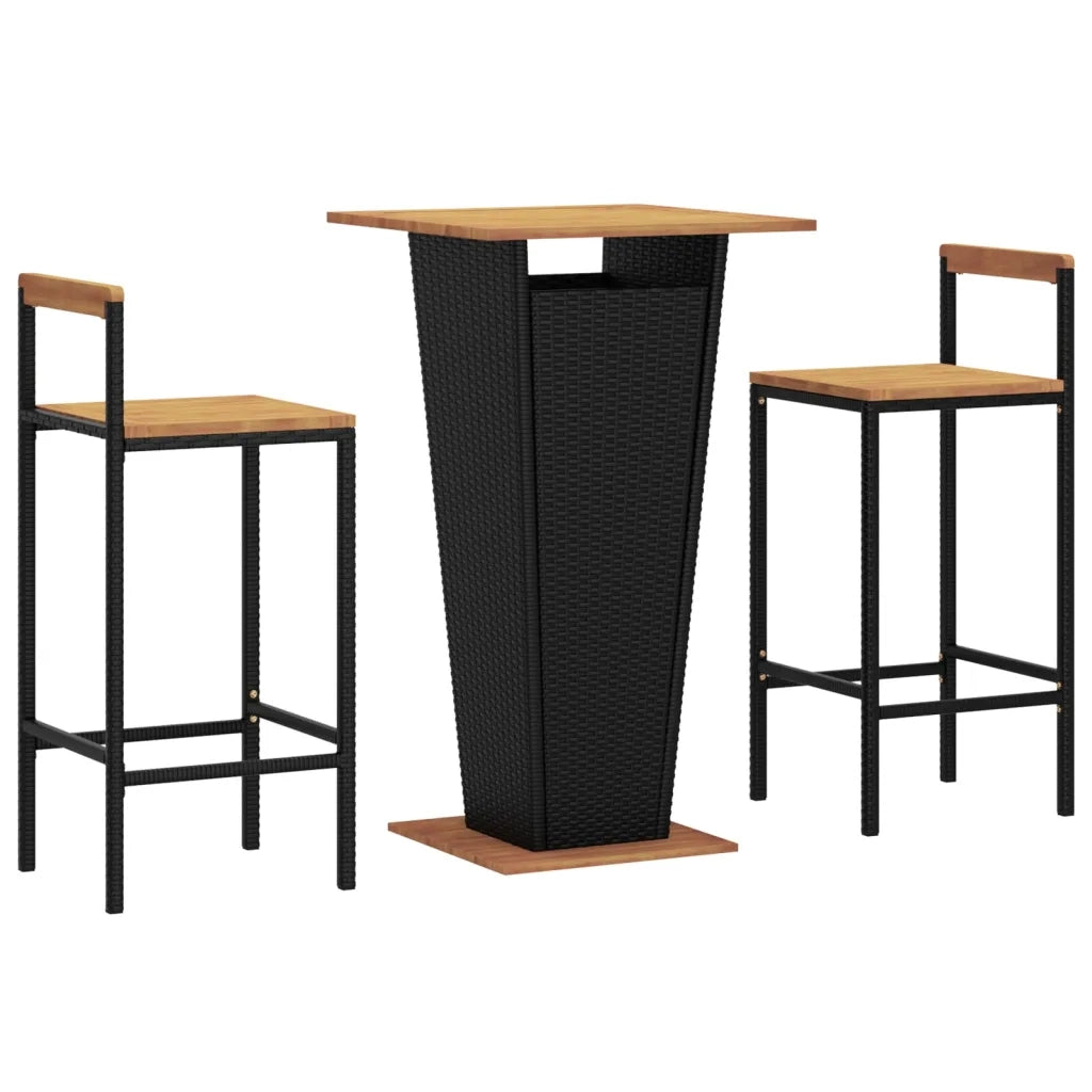Set Bar Giardino 3 pz Nero Polyrattan e Legno Massello Acaciacod mxl 126392
